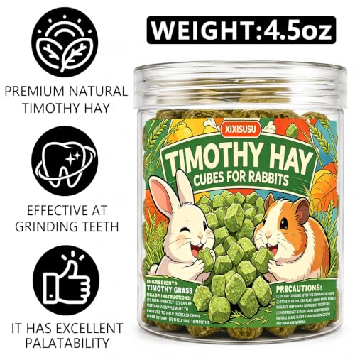 Timothy Hay Cubes 4.5oz Can- 100% Natural Mini Hay Bricks Timothy Hay Pellets for Rabbits, Chinchillas, Tortoise, Guinea Pigs & Small Pets