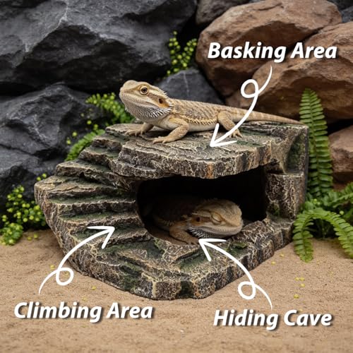 Extra Large Reptile Hide and Basking Platform, Resin Rock Cave for Bearded Dragons, Geckos, Snakes, Turtles and Lizards