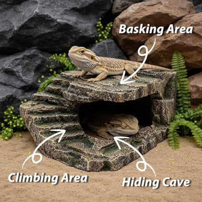 Extra Large Reptile Hide and Basking Platform, Resin Rock Cave for Bearded Dragons, Geckos, Snakes, Turtles and Lizards