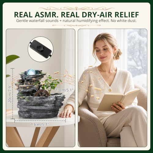 Tabletop Water Fountain, Resin Water Wheel, LED Light,Soothing Sound | Circulating water flow; indoor décor accent; planter space; easy on/off switch; calming desktop centerpiece,Ambient Light