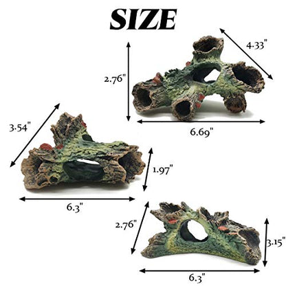 TIHOOD 3PCS Decaying Trunk Aquarium, Betta Fish Ornament, Freshwater Decoration - Resin Log With Holes and Caves for Fish Tank
