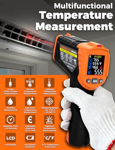 4 in 1 Temperature Gun POROMETISTO 4 Types of Alarm Setting | -58-1472°F For Infrared/Ambient Temperature Humidity Infrared Thermometers,Industrial Laser Thermometer Gun with K-Type Probe
