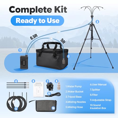 Portable Standing Misting System, 4.8FT Adjustable Tripod Base | 12,000mAh Pump, 20L Bucket, 4 Misting Nozzles, Stand Mister For Backyard, Pool, Beach, Camping, Picnic, RV - size: with Adjustable Stand