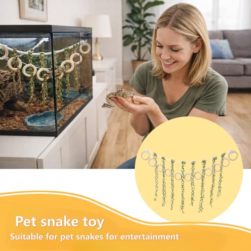 Handcrafted Reptile Climbing Vines - Natural Jungle Rope with 11 Wooden Rings - Versatile Habitat Enrichment Toy for Ball Pythons, Corn Snakes, Chameleons, and Arboreal Amphibians