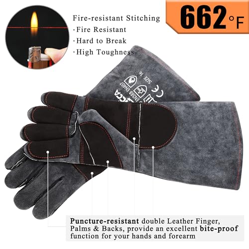 RAPICCA Animal Handling Gloves, Bite Proof Double Leather, 16 in Grey-Black | For Dog, Cat, Bird, Falconry, Snake & Reptile Handling; Vets, Groomers & Animal Control Teams - style: 16 Inches