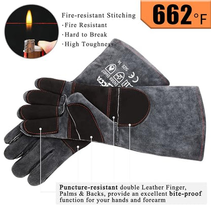 RAPICCA Animal Handling Gloves, Bite Proof Double Leather, 16 in Grey-Black | For Dog, Cat, Bird, Falconry, Snake & Reptile Handling; Vets, Groomers & Animal Control Teams - style: 16 Inches