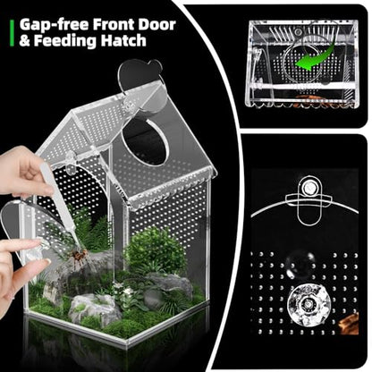 Cycodo Jumping Spider Enclosure,Warp-Proof Seamless Acrylic Tarantula Terrarium,Front Opening Bug Habitat with Feeding Port for Praying Mantis,Hermit Crabs,Snail,Micro Reptile(5" L*5" W*8" H) - size: 5"L * 5"W * 8"H