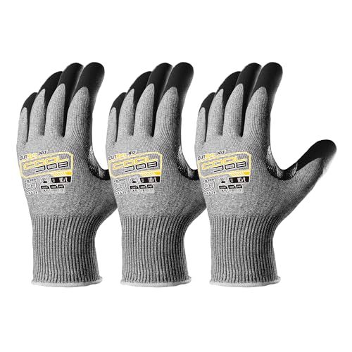 COOLJOB ANSI A5 Cut Resistant Gloves - 1/3/12 Pairs, Nitrile Rubber Dipped Safety Work Gloves for Men, Knife Proof with Grip Coating for Construction Warehouse Glass Wood Work, Grey Small - size: Small, style: A5 Pack of 3