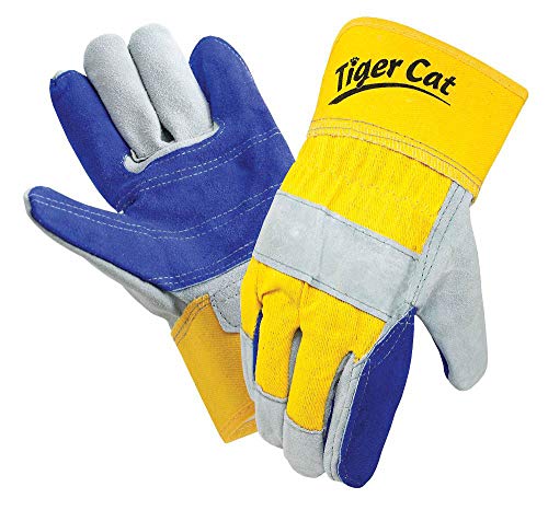 Galeton 2412-L, Tiger Cat Premium Leather Double Palm Gloves Safety Cuff, Large, Yellow and Blue (Pack of 12)
