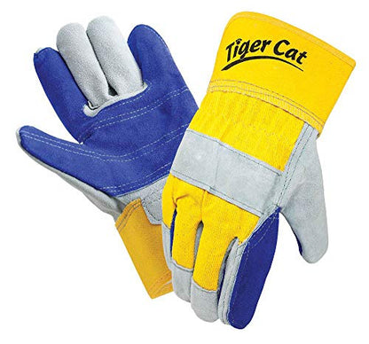 Galeton 2412-L, Tiger Cat Premium Leather Double Palm Gloves Safety Cuff, Large, Yellow and Blue (Pack of 12)