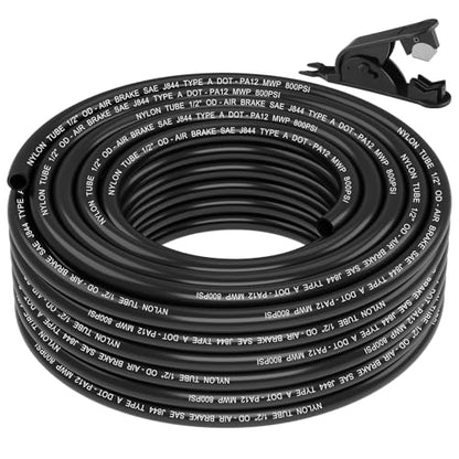 1/2" DOT Air Line, 50FT SAE J844 PA12 Nylon Air Tubing with Cutter | 1/2" DOT-Approved Brake Line, Flexible PA12 Nylon Tubing for Air Suspension Kit, Truck Trailer Brake System & Fluid Transfer - size: 1/2" OD 50FT