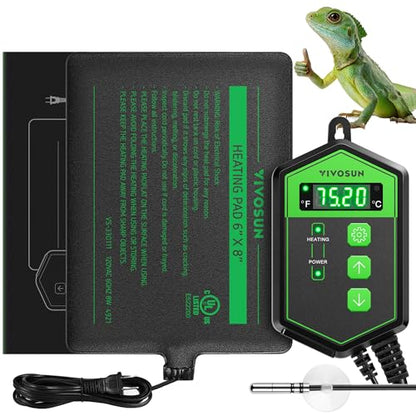 VIVOSUN Reptile Heating Pad 6x8 Inch with Thermostat Combo | Under Tank Terrarium Heating Mat for Turtles, Lizards, Frogs, and Other Reptiles - size: 6X8 Inch with Thermostat
