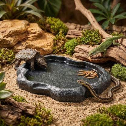 Tortoise Water Bowl - Reptile Water Food Dish Medium - Shallow Rock Reptile Feeder - Pet Aquarium Ornament Terrarium Dish Plate for Feeding Water Tortoise Lizard, 7.1 * 5.5 * 0.8in