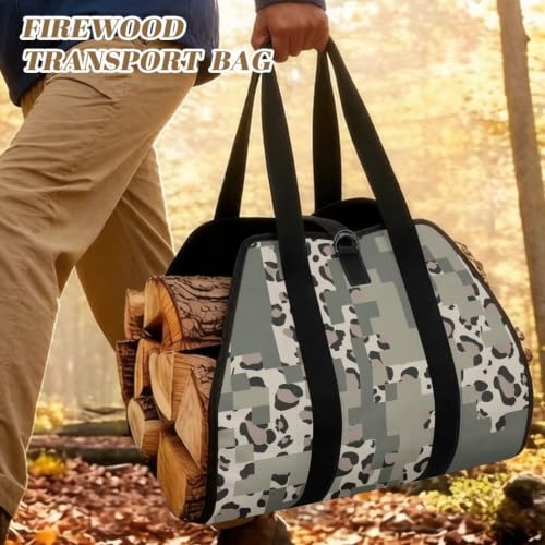 Leopard Camo Print Firewood Carrier Bag for Fireplace Camping | Soft Padded Handles, Large Capacity, Lightweight Foldable Design, for RV Trips and Backyard Fire Parties - color: Gray Block Leopard Camo Splice Print