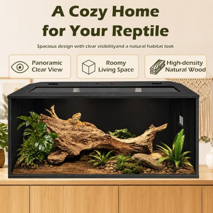 Bearded Dragon Tank, Reptile Enclosure, Tempered Glass Lizard Tank, Bearded Dragon Enclosure with Built-in Lamp Fixture and Wooden Roof for Chameleon (32x16x16 Inch, Black) - color: Black, size: 35 gallons