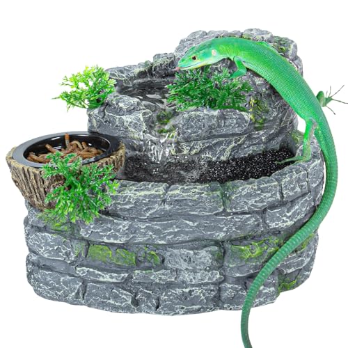 REPTI ZOO Reptile Water Fountain with Food Dish, 550ML Terrarium Waterfall Drinking Fountain for Bearded Dragon Gecko Chameleon Lizard Tree Frog Turtle, Reptile Water Dispenser, Keep Water Clear