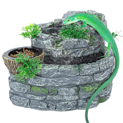 REPTI ZOO Reptile Water Fountain with Food Dish, 550ML Terrarium Waterfall Drinking Fountain for Bearded Dragon Gecko Chameleon Lizard Tree Frog Turtle, Reptile Water Dispenser, Keep Water Clear