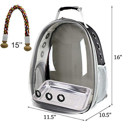 Bird Traval Carrier Cage, Clear Space Capsule Astronaut Backpack to Carry Parakeet Cockatiel Parrot with Metal Tray Bird Feeder Wood Perch, Vet Transport Bag - color: Black