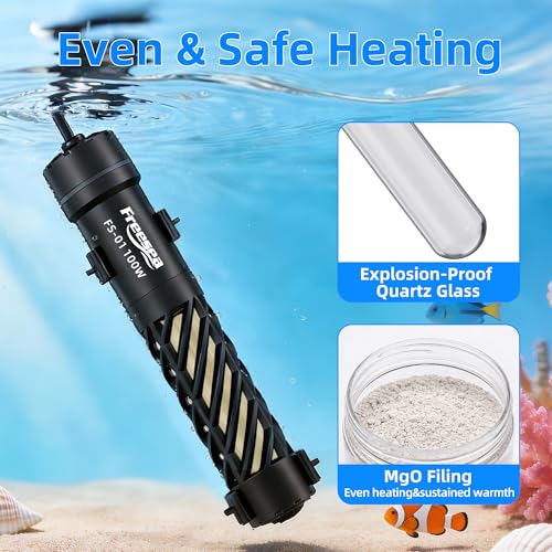 FREESEA Aquarium Heater for Fish Tank: Stable Temperature Maintains 78°F | 100W Worry-Free Heating via Dry Run Protection for 10-20 gal Betta Turtle & Saltwater Tank - size: 100W(10-20 Gallon)