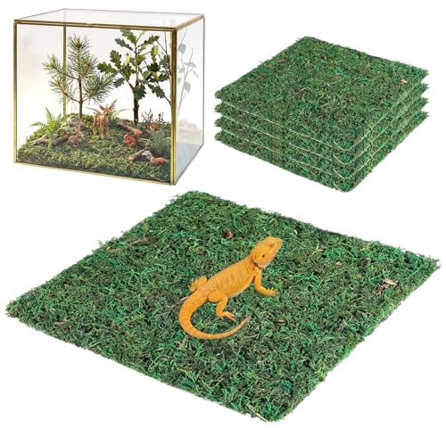 4 Pcs Reptile Carpet 12'' x 12'' Natural Moss Terrarium Bedding Reptile Liner Green Substrate Flooring Cuttable Terrarium Mat Tank Accessories for Bearded Dragon Leopard Snake Tortoise