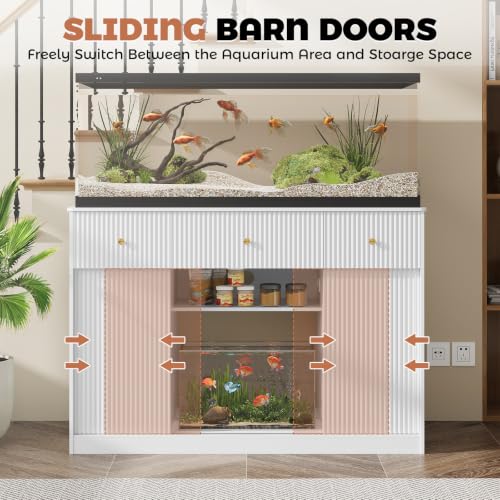 Garvee 55-75 Gallon Fish Tank Stand, Aquarium Stand with Power Outlet, Fish Tank Stand with Storage Cabinets, Drawers, LED Light, Sliding Barn Door Fish & Reptile Tanks Stand for 2 Tanks | Fish Tank Stand with Storage Cabinets, Drawers, LED Light, Sliding