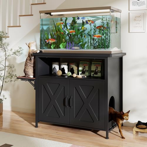 Verano Garden 40-50 Gallon Fish Tank Stand, Aquarium Stand, White | Cat Litter Box Enclosure, Storage Shelf, Cat Perch, Removable Divider, Scratch Mat, 36.2"x20.5" Tabletop, 660 LBS Capacity - color: Black