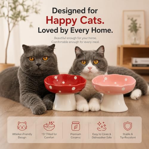 Pink Mushroom Cat Bowl, Elevated Ceramic Feeding Bowl | Elevated, Ceramic, Tilted Design, Whisker-Friendly, Dishwasher Safe, cute - color: Pink