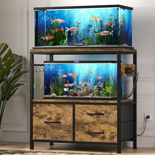 Heybly 20-29Gal Fish Tank Stand with Drawer, Power Outlet,330lbs HAS001SR-1 | Aquarium Stand,Heavy Duty Metal Frame for Fish Tank, Turtle & Reptile Terrarium, 31.5" x 15.7" Top, Rustic Brown - color: Rustic Brown, size: 20-29 gal