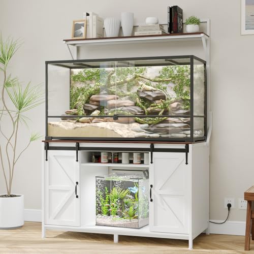 VOWNER 48"x24"Reptile Tank Stand with Power Outlet & Storage Cabinet, White | Fits up to 120 Gallon Bearded Dragon Tank, Sliding Barn Doors, Heavy Duty Aquarium Stand, Reptile Turtle Terrarium Stand - color: White + Walnut