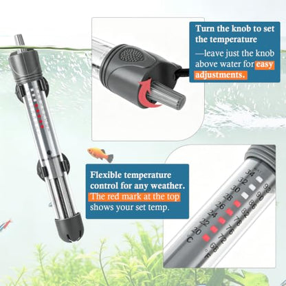 HITOP 50W Adjustable Aquarium Heater, Submersible Fish Tank Heater Thermostat with Suction Cups for 6-15Gal - size: 7in-50w