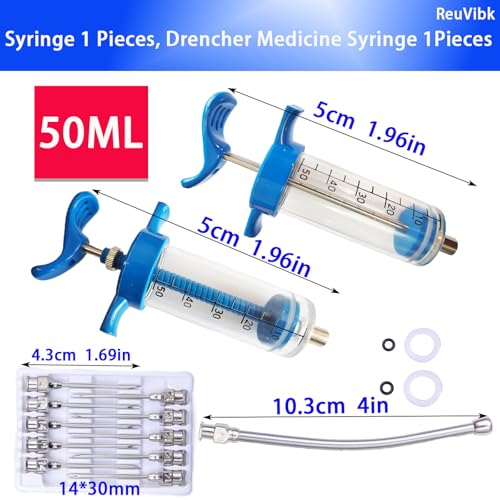 2Pcs 50ML Drencher Medicine, Reusable Adjustable Drench Gun Goat Syringe with Drench Gun Nozzle 10 Needles, for, Cattle, Sheep, Horse, Pig, Large Animal Feeding Syringe - size: 50ML