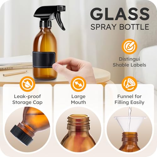 Tecohouse Glass Spray Bottles 8oz, 2 Pack Amber Glass Spray Bottles | Empty Glass Spray Bottles for cleaning, Plants, Pets, Hair, Durable Spray Nozzle, Fine Mist, Labels, Funnel, Pipettes - color: Amber