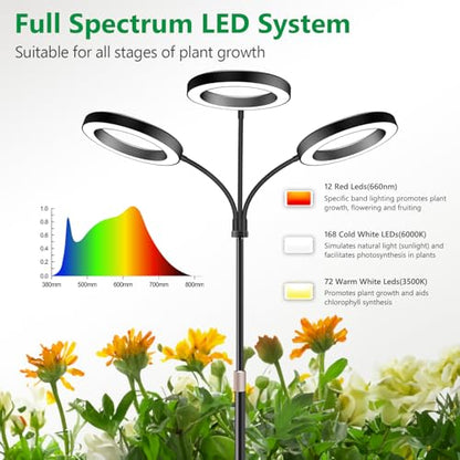 Aumtrly 3 Head Black Floor Grow Light for Large Tall Indoor Plants Growing | 252 LED Full Spectrum Lamp with Stand, 6/12/16H Timer, 5 Dimming Level, 68" Adjustable Height, Flexible Gooseneck, Metal Base - size: 3 head 68inch/black