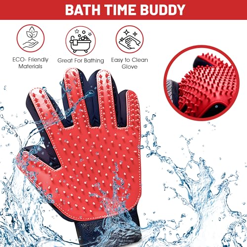 Upgrade Pet Grooming Gloves, Grooming Gloves for Dogs, Cats, Rabbits & Horses with Long and Short Hair, Efficient Pets Hair Remover Mittens - 1 Pair (Red) - color: Red