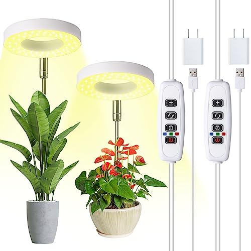 Halo Ring Grow Lights for Small Indoor Plants, Warm+White 96LEDs Full Spectrum Plant Light, Height Adjustable with Adapter, 3/9/12H Timer, 3 Spectral Modes, 10 Dimmable Levels, Angel Ring 2 Pack - color: White, size: 2 Pack Warm+White with Telescopic Pole