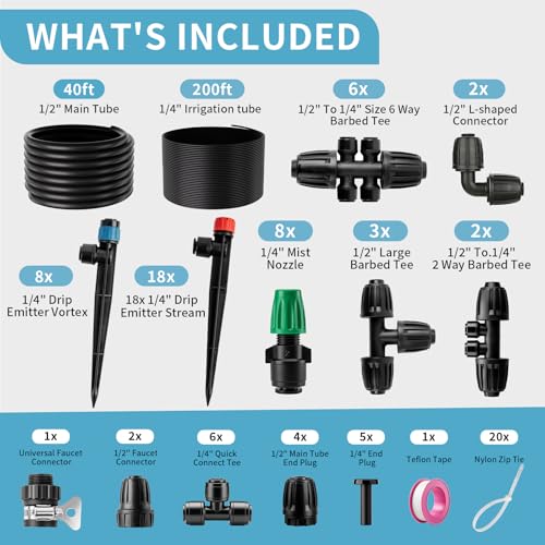 LP 240FT Drip Irrigation System Kit, Garden Watering Misting System - 40FT 1/2" Main Tube & 200FT 1/4" Distribution Tubing - Adjustable Nozzles & Sprinklers for Garden Greenhouse, Lawn, Potted Plants