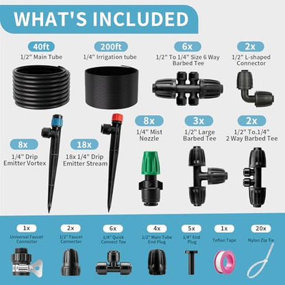 LP 240FT Drip Irrigation System Kit, Garden Watering Misting System - 40FT 1/2" Main Tube & 200FT 1/4" Distribution Tubing - Adjustable Nozzles & Sprinklers for Garden Greenhouse, Lawn, Potted Plants