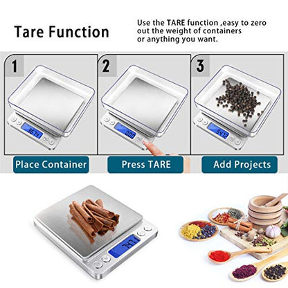Fuzion Digital Gram Scale .01 Gram Accuracy, 500g Small Jewelry Scale | Small Kitchen Food Scale with 2 Trays for Herb, Powder, Coffee, Gold, Coin - Weight Gram and Oz - color: Silver