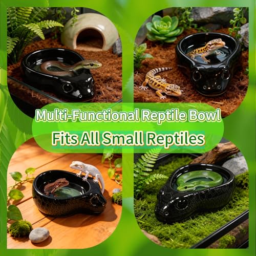 Reptile Water Dish, Ceramic Snake Water Bowl for Snake, Leopard Gecko, Bearded Dragon and Lizard, Reptile Bathing Pool Food Feeding Dish, Terrarium Tank Accessories (Black) - color: Black