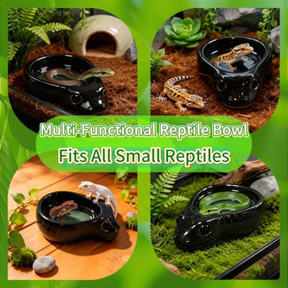 Reptile Water Dish, Ceramic Snake Water Bowl for Snake, Leopard Gecko, Bearded Dragon and Lizard, Reptile Bathing Pool Food Feeding Dish, Terrarium Tank Accessories (Black) - color: Black