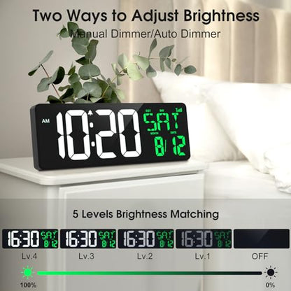 17" Large Digital Wall Clock, Bluetooth Sync, Auto Dimmer, Remote | Bluetooth Automatic Time Sync, Stable Plug-in Power, DST Support, Date Week Temperature Display, Fits all Indoor Spaces - color: White+green