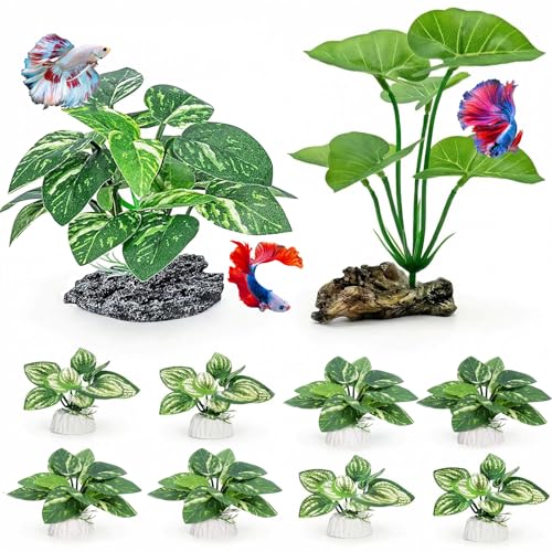 10 PCS Aquarium Decorations Silk Aquarium Plants Betta Fish Tank Decor | Fish Tank Decorations Soft & Safe Artificial Plants for Betta, Goldfish, Turtle & Reptile Tanks Ornament Accessories - color: D（green 10 Pack）