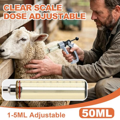 50ml Semi-Auto Repeating Livestock Syringe Gun, 5 Dose Settings | Ergonomic Grip, Clear Barrel & Luer Lock, Vet Injector for Cattle, Horses, Goats, Sheep & Pigs - color: Silver Gray50ML