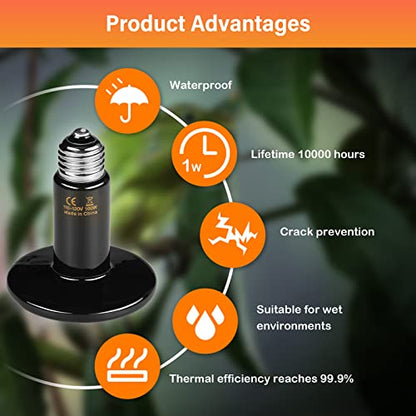 HealSmart Reptile Heat Lamp 100W 2-Pack Ceramic Heat Emitter, No Light Emitting Infrared Heat Bulbs for Amphibian Pet Brooder Coop Incubating Chicken, Lizard Bearded Dragon Turtle Snake Terrarium - size: 100 Watts, style: D-85mm (3.35") *2 Pcs