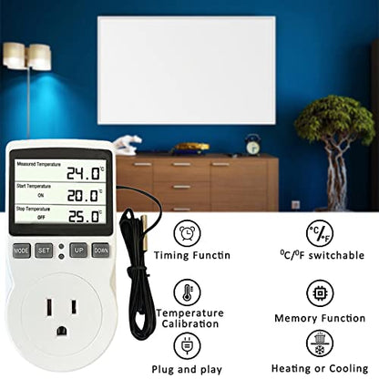 Plug in Thermostat Temperature Controller Heavy Duty Digital Thermostat Outlet Plug Heating Cooling Mode Countdown Timer