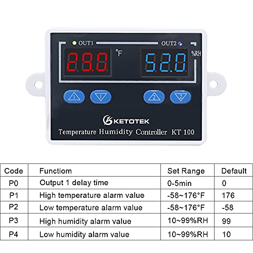 KT100 Humidity Temperature Controller 120V Thermostat Humidistat Control | 10A Direct Output with 1.5m Temperature Humidity Sensor 10~99%RH, -58~176°F