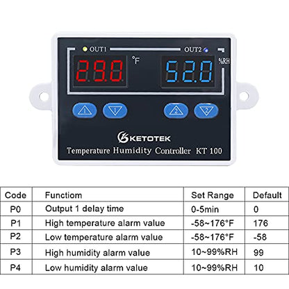 KT100 Humidity Temperature Controller 120V Thermostat Humidistat Control | 10A Direct Output with 1.5m Temperature Humidity Sensor 10~99%RH, -58~176°F