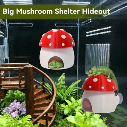 3D Red Mushroom House Reptile Hides and Caves, Reptile Hideout | Shelter for Geckos Bearded Dragons Chameleons Frogs with Dual Suction Cups for Wall or Ground