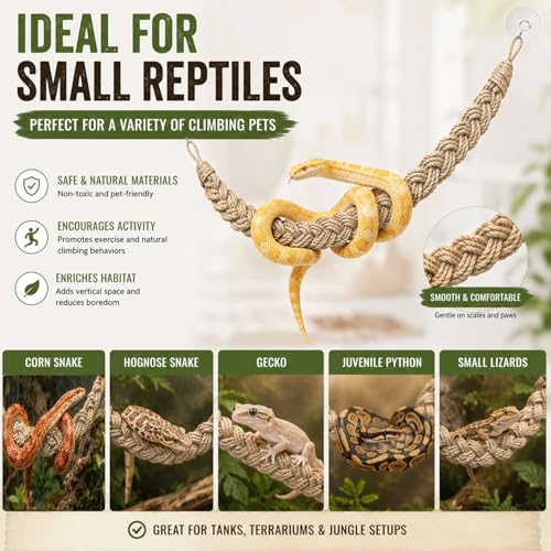 Ball Python Tank Accessories Snake Climbing Rope with Suction Cups & Hooks | Natural Beige 29-Inch Braided Rope Bridge for Climbing Resting & Habitat Decor for Corn Snakes Geckos & Lizards
