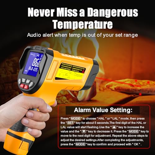 JD-08 High Temp Infrared Thermometer Gun, -58°F to 3992°F | Multi-point laser targeting, adjustable emissivity, and MAX/MIN/AVG/DIF modes for furnaces, kilns, metal, and HVAC - color: High temperature yellow